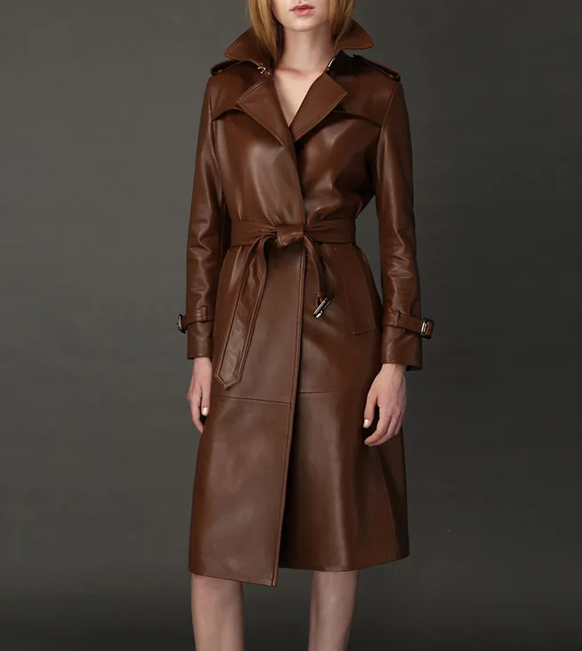 

Classic Design Luxury Lambskin Genuine Leather Trench Wrap Coat Waist Belt Lapel Collar Long Sleeves with Buckle belt 2019 Woman
