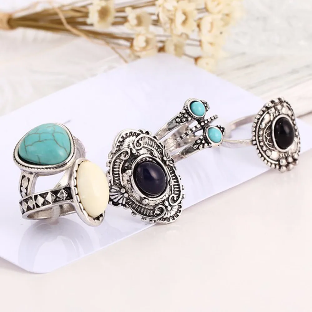 5pcs/Set Women Rings for Women Boho Geometric Silver Stack Rings Above Knuckle Blue Rings Set Bohemian Midi Finger Jewelry Fashion Jewelry