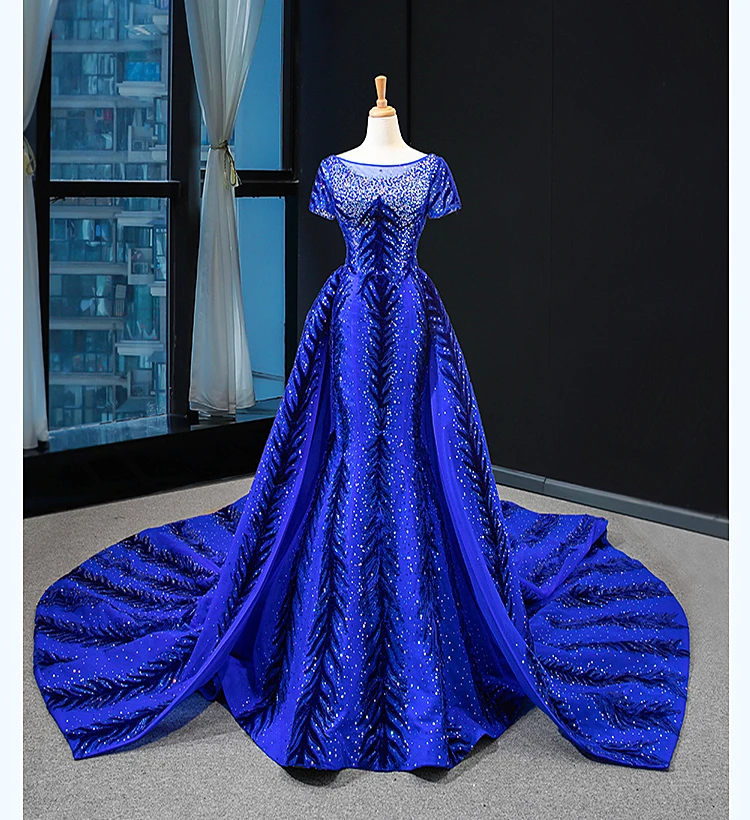 2 Piece Royal Blue Dubai Saudi Arabia Luxury Sequined Sparkle Mermaid Evening Dresses Short Sleeve Beading Evening Gowns Kaftan