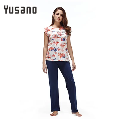 Yusano Cotton Pajamas Women Floral O neck Sleepwear for Girl Sleeveless Top& Long Pants Soft Pijama Feminino Inverno - Цвет: blue