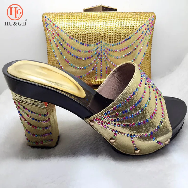 

New Arrival Gold Wedding High Heels African Women's Shoes And Bag Set Top Quality Italian Shoes And Bag Set Free Shipping By DHL