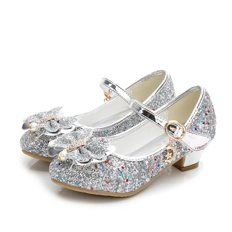 Girl Children Sequins High-heeled Dress Shoes Kids Spring& Autumn Butterfly-knot Party Wedding Princess Girls Shoes CSH814 - Цвет: Серебристый