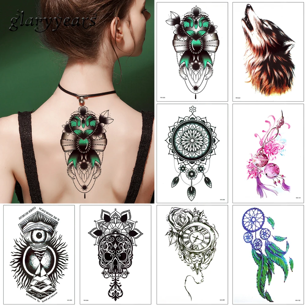 

glaryyears 17 Designs 1 Sheet WX Temporary Tattoo Sticker for Women Men Body Arm Back Chest Art Decal Wolf Flower Pattern Simple