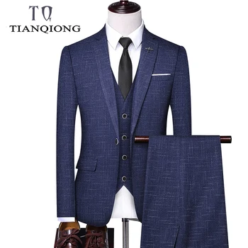 

TIAN QIONG Brand Three Piece Suits Men Latest Fashion Suits for Men Slim Fit Man Wedding Suit Blue Black Jacket Pants Vest