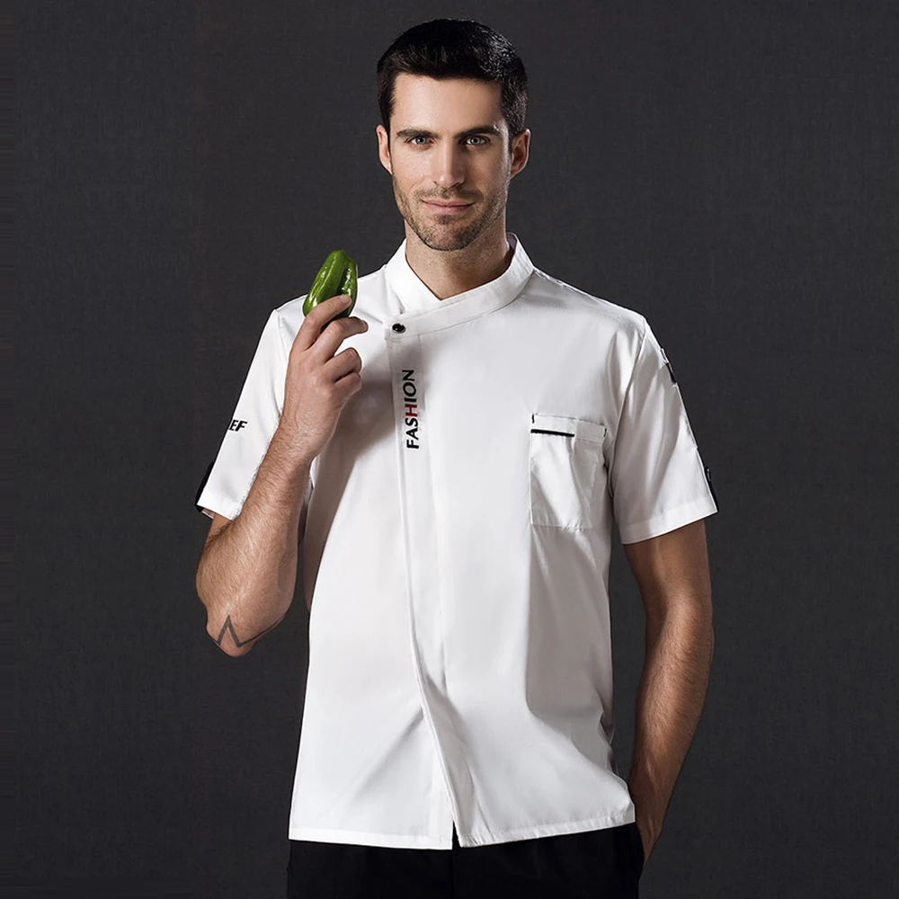 3XL Новая мода высокого качества для женщин и мужчин с коротким рукавом, униформа шеф-повара, кухонная рабочая одежда, куртка шеф-повара, Ресторан общественного питания, пекарня, куртка - Цвет: Белый