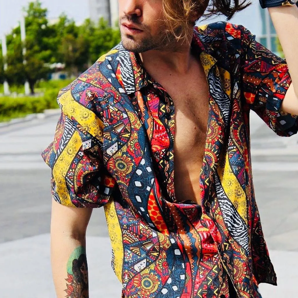 

Mens Ethnic Short Sleeve Beach Hawaiian Shirt Tropical Summer Printing Hawaiian Button Down Shirts Plus Size Trend Dress Shirts