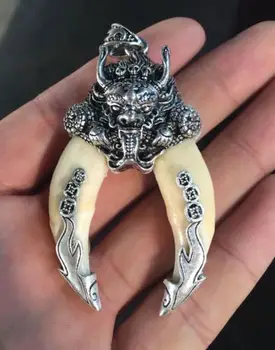 

Chinese archaize Boars Tooth Wild Hog Silver Dragon protective talisman Pendant