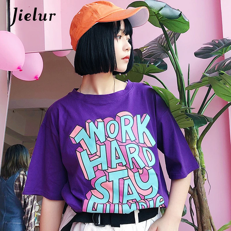 Jielur Harajuku Фиолетовый Топ Femme S-XL повседневное с буквенным принтом корейский стиль