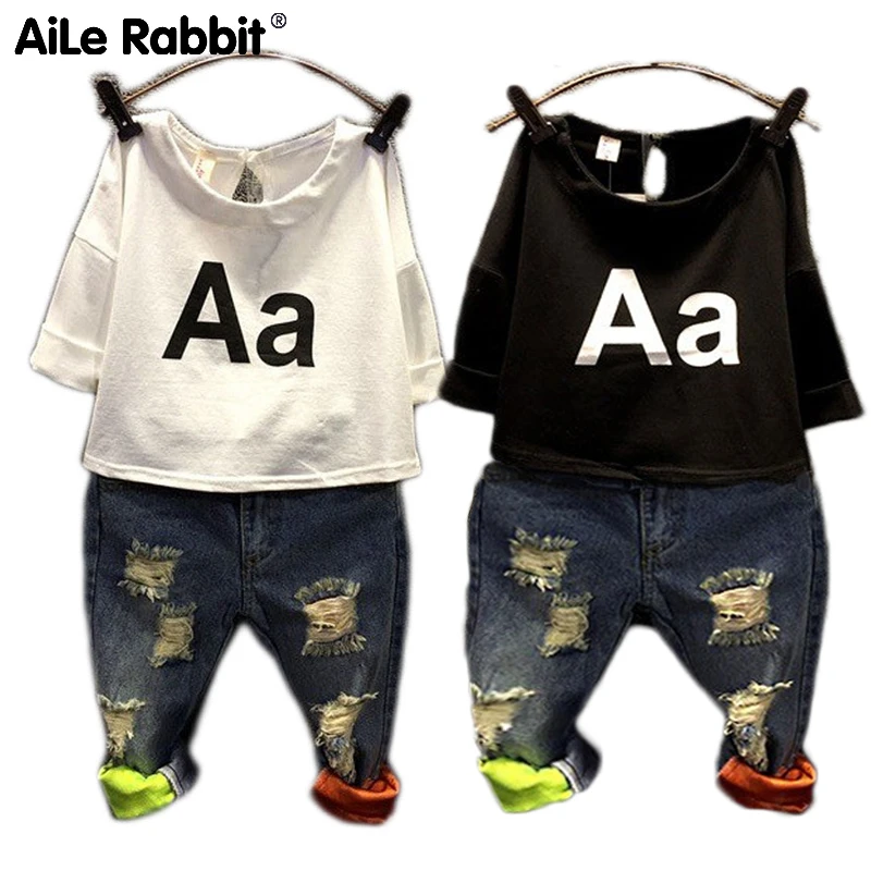 

AiLe Rabbit BOYS GIRLS Clothing Set Kids Autumn Fashion T Shirt Jeans Holes Denim Sets A Letter Summer Europe K1