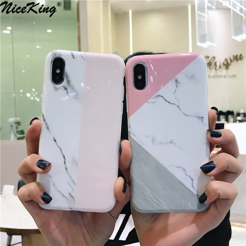 

Niceking Phone Case For iPhone 6 6S 7 8 Plus X XR XS MAX Pink Splice Marble Print Frosted Soft Phone Case Back Cover Case Capa