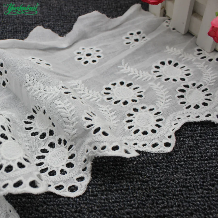 

YACKALASI 5 Yds Cotton Lace Eyelet Embroidered Lace Fabrics White Black Swiss Cotton Voile Appliqued 3D Flower Trims Diy 22cm