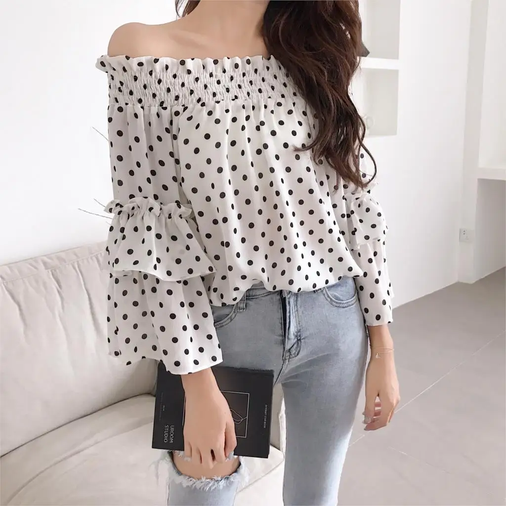 Female Sexy Slash Neck Loose Chiffon Blouse Skirt Women Polka Dot