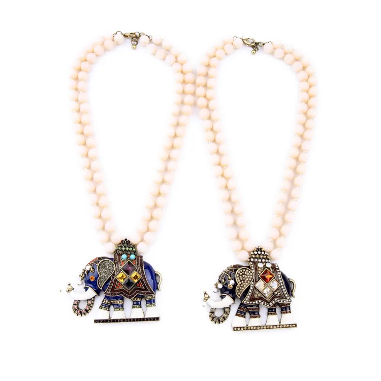 

Miraculous Enamel Good Luck Elephant Necklace with Double Faux Cream Pearl Beads Chain Fashion Contemporary Designer Jewelry