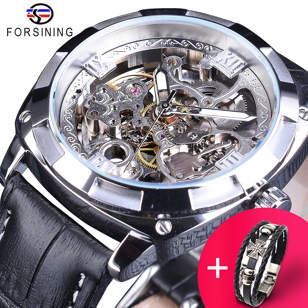 Forsining Watch + Bracelet Set Combination Sport Black Silver Open Work Clock Luminous Waterproof Men's Automatic Wrist Watches men belts metal automatic buckle brand high quality leather belts for famous luxury work business strap cinto couro masculino