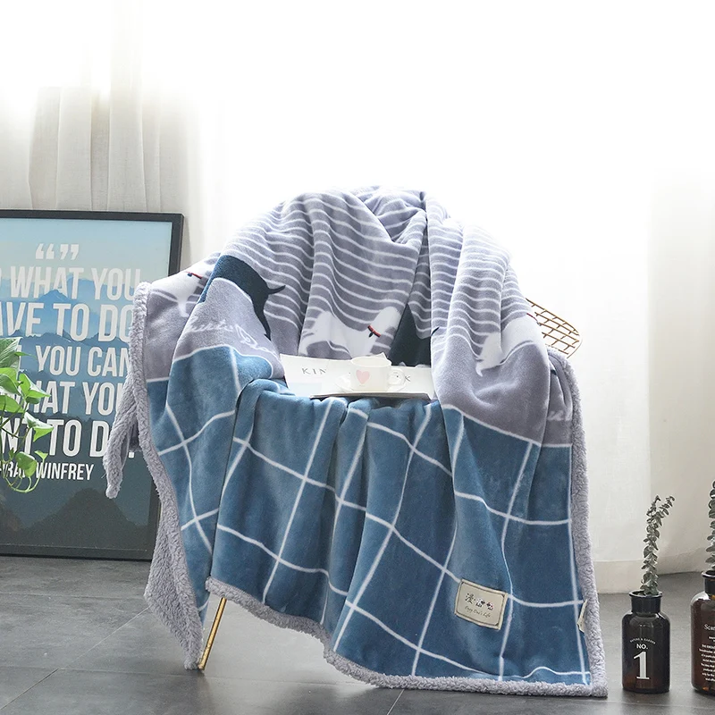 

Blue White Plaid Pattern Warm Soft Fleece Blankets Double Layer Thick Plush Throw On Sofa Bed Plane Plaids Solid Bedspreads 1PC