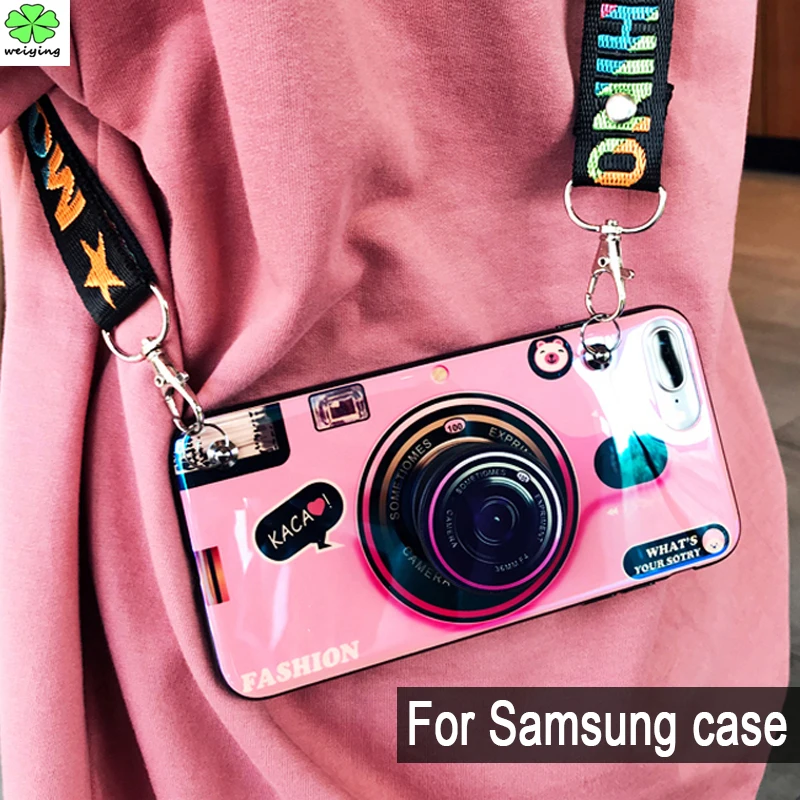 

Blu-ray Camera Pattern Phone Case For Samsung A50 S8 S9 S10 plus lite Note 9 8 A8 J6 J4 2018 Case with Lanyard and Bracket cover