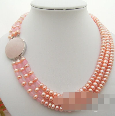 

HOT 002624 3Strds Pink Pearl&Rose Quartz Necklace