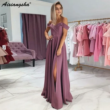

Simple Spaghetti Straps A-Line Satin Dress Party 2019 abiye gece elbisesi Sexy Slit Evening Dresses Long