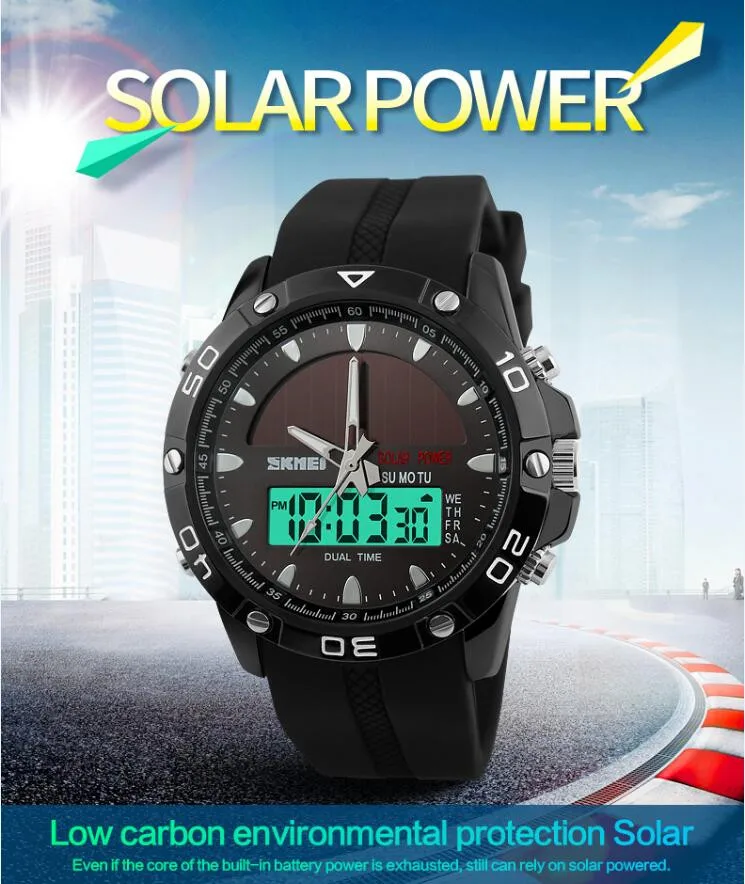 Watches Men Waterproof Solar Power Sports Casual Watch Man Men's Wristwatches 2 Time Zone Digital Quartz LED Clock Men