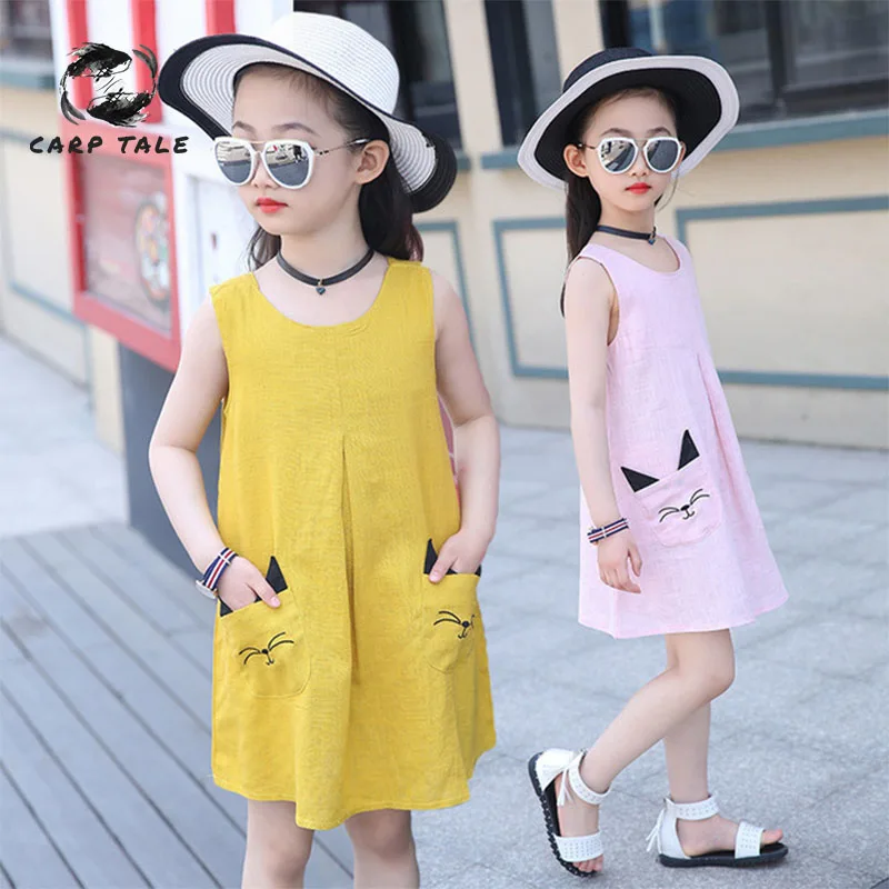 

Summer cartoon pattern girls cotton dress children 2019 fashion cartoon embroidered dress summer new girl A word shape clothing
