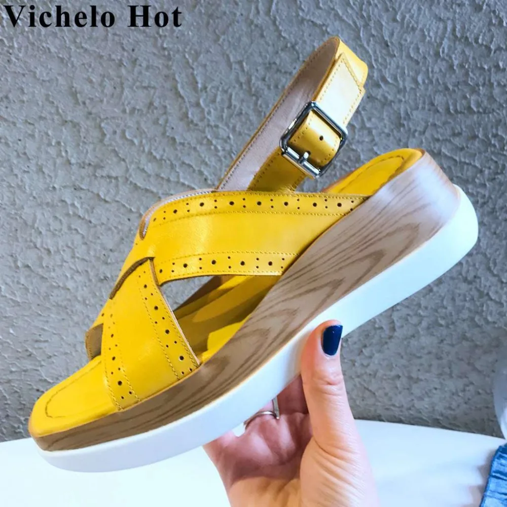 

Vichelo Hot natural leather buckle strap peep square toe wedges med bottom buckle strap gladiator shoes young girls sandals L69