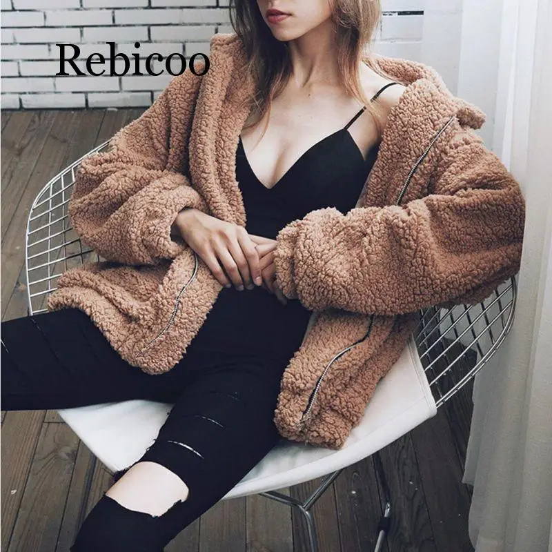 

Elegant Faux Fur Coat Women 2019 Autumn Winter Warm Soft Zipper Fur Jacket Female Plush Overcoat Pocket Casual Teddy Outwear