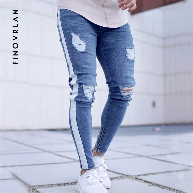 

2018 new Knee Hole Ankle zipper Slim Distressed Jeans Men Ripped tore up streetwear hiphop For Men slim stripe pants Streetwear
