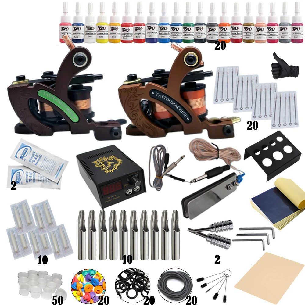 

Biomaser K2-910 Professional Tattoo Kits Top Artist Complete Set 2 Tattoo Machine Gun Lining And Shading Tattoo Inks Power Needl