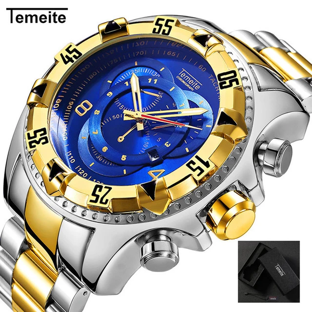 Billige Relogio TEMEITE 2018 Neue Quarz Uhren Herren Mode Kreative Schwere Wasserdichte Armbanduhr Luxus Gold Blau Voller Stahl Masculino