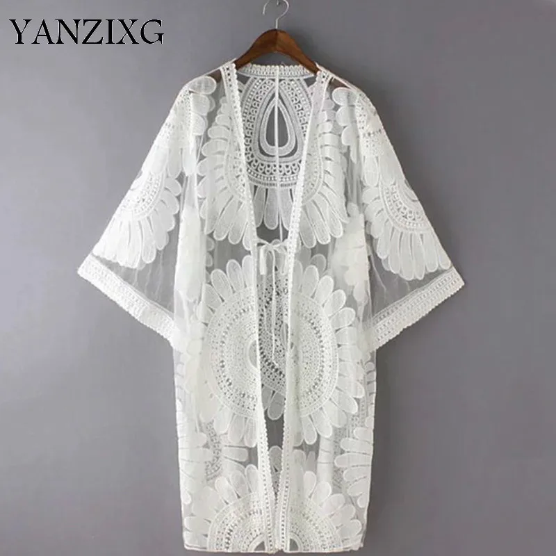 

Wkoud 2019 Beach Cover Up Floral Embroidery Summer Lace-up Swimwear Women V-neck Collar Robe De Plage Beach Bathing Suit Z270