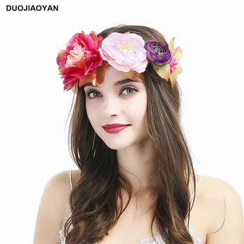 

DUOJIAOYAN artifical flower headband birdal wedding Silk ribbon wreath party rose with leaf garland for women girls