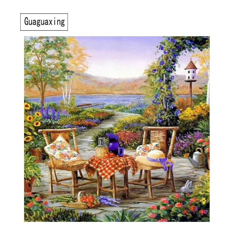 Full 5D Daimond Painting Cross-stitch Yard Scenery 3D Diamond Square Rhinestone Embroidery Flower Chair Decor | Дом и сад