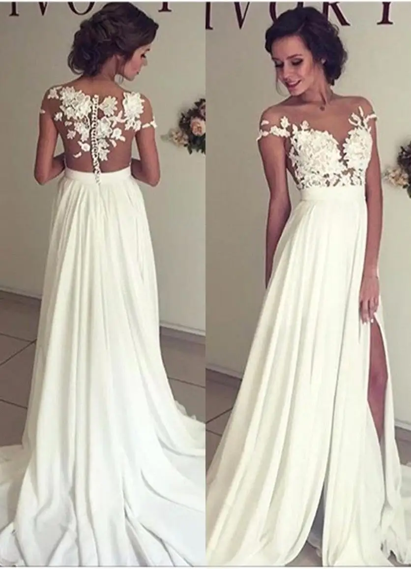 Sexy Lace Boho Wedding Dresses 2019 High Split Buttons Back Beach Bohemian Chiffon Bridal Dress Wedding Gowns Vestido De Novia Sexy Lace Boho Wedding Dresses 2019 High Split Buttons Back Beach Bohemian Chiffon Bridal Dress Wedding Gowns Vestido De Novia