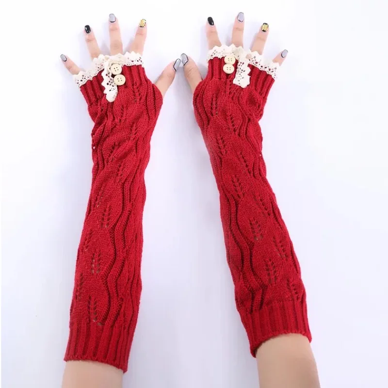 Fashion women's warm acrylic arm warmers solid long mittens gloves lace button arm warmer for