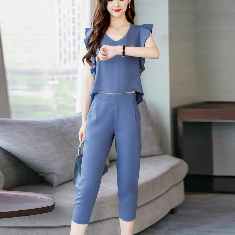 

2 Piece Women Summer 2019 Elegant Clothes Set Fashion Female Suit Blouse Pants Outfit jumpsuit