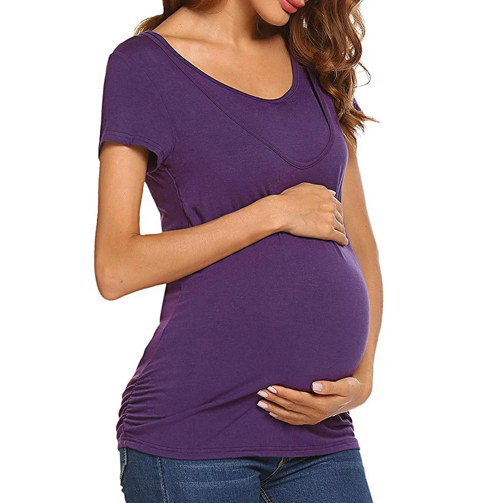 Casual Women's Nursing Solid T Shirt Female Short sleeve Tops Maternity