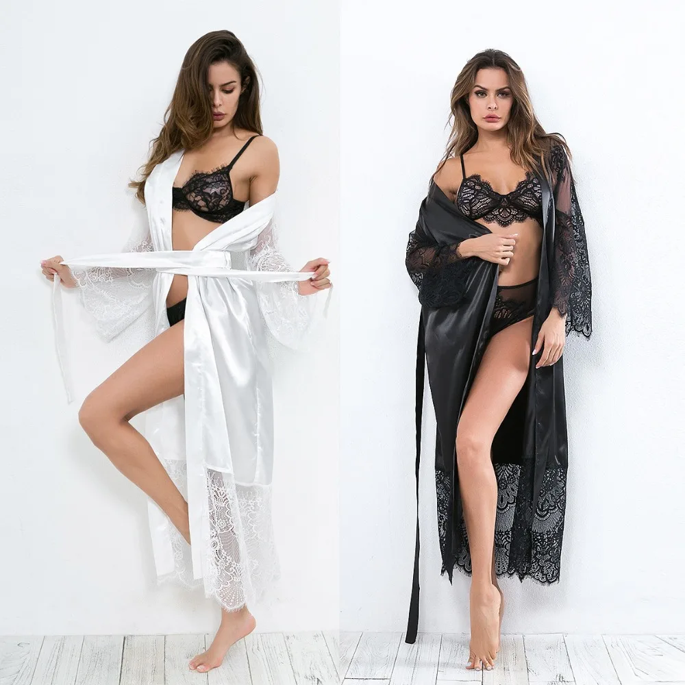 

DIFF COOL Hot Sale Fashion Spring Long Robes Women Long Sleeve Belt Thin Sexy Sleepwear Women Lace Babydoll