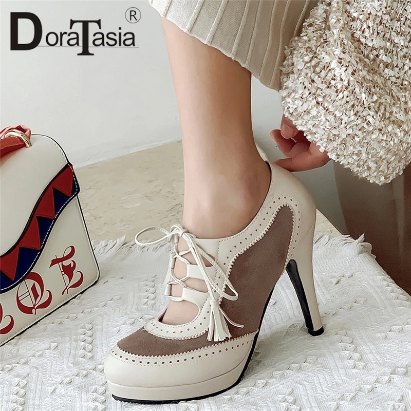 

DoraTasia Brand New Big Size 34-43 Ladies High Heel Shoes Lace Up Platform Shoes Woman Casual Party Office Spring Autumn Pumps