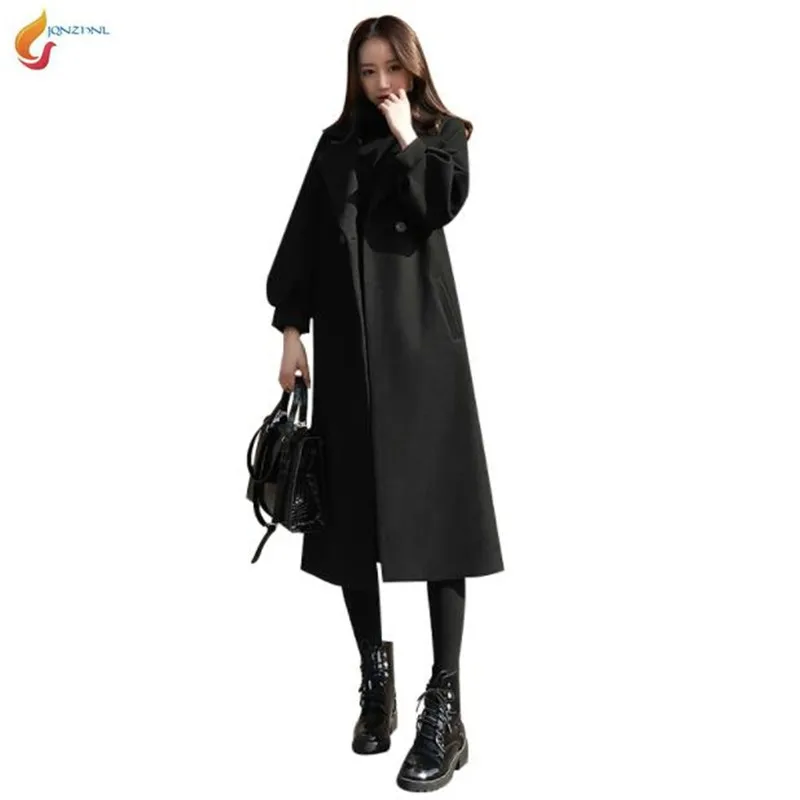 

Black Casual Slim Long Woolen Jacket Belt Solid Color Women Jacket Pocket Lapel High end Overcoat Autumn winter women coats G885