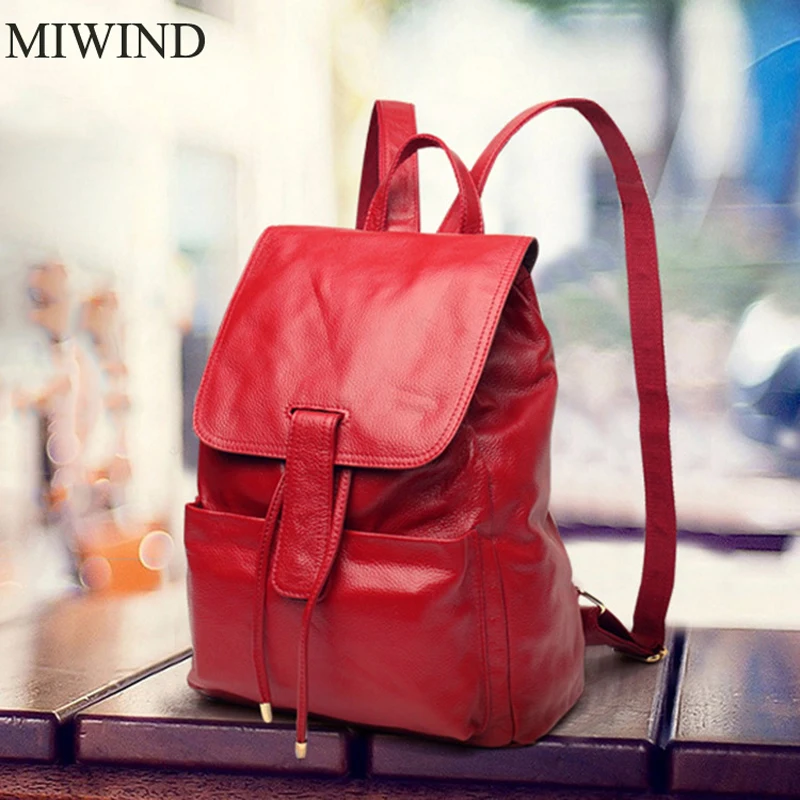 MIWIND Backpack Natural Soft Real Leather Backpacks Genuine First Layer Cow Leather Top Layer ...