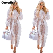 GuyuEra New Fashion European and American Ladies Lace Lace With Pleated Lace Pants Pants Long Sleeve Jumpsuit lace patched tee and pants