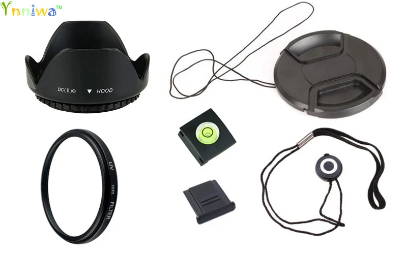 

6 in1 49 52 55 58 62 67 72 77 82mm lens UV filter + center pinch Snap-on cap cover + lens cap line + lens hood + 2 hot shoe