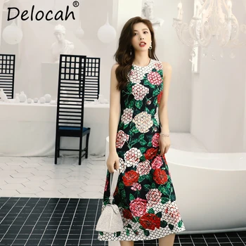 

Delocah Spring Summer Women Dress Runway Fashion Designer Sleeveless Gorgeous Beading Floral Print Elegant Casual Midi Dress