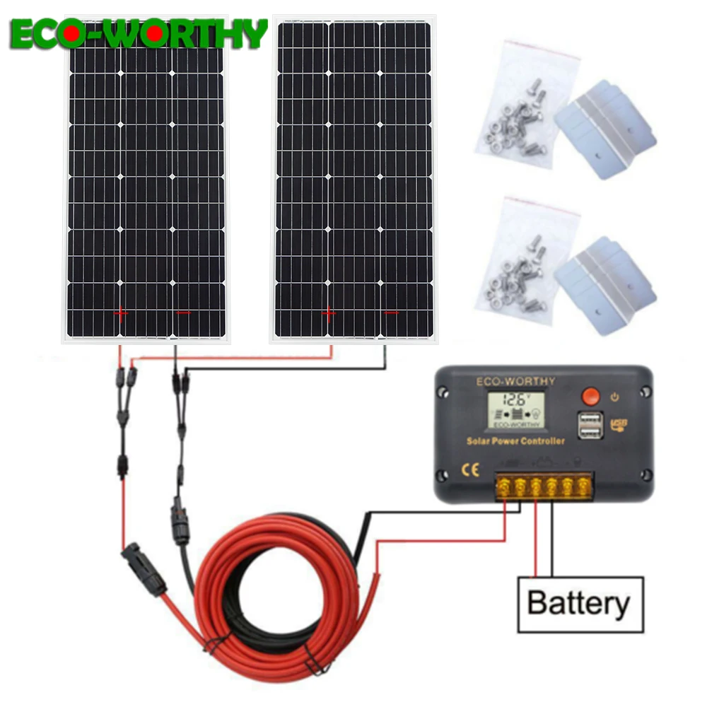 

ECOWORTHY 200W solar energy system: 2pcs 100W mono solar panel& 20A LCD controller& 5m black red cables Z charge FOR 12V battery