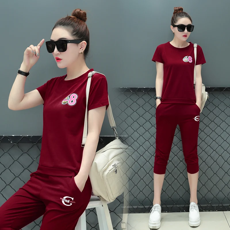 

2019 Summer New Short-sleeved Cropped Trousers Summer Casual Wild Harajuku Style Fashion Ladies Sportswear Suit