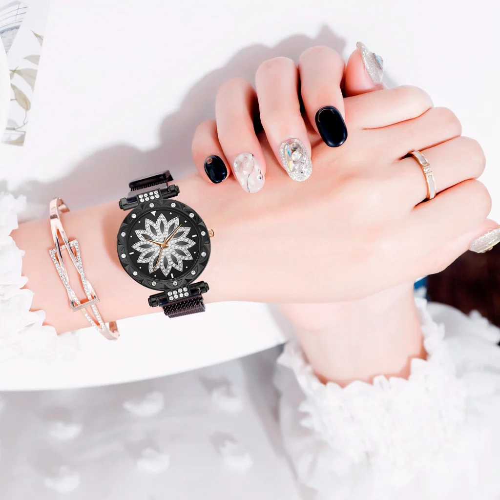 Топ бренд для женщин сетки Магнит пряжка Lucky Flower часы Роскошные дамы Геометрическая поверхность кварцевые часы Relogio Feminino