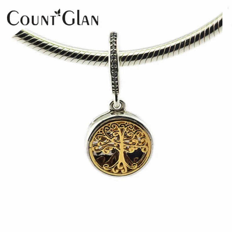 

2016 Autumn New 925 Sterling Silver Family Roots with Clear CZ Dangle Solid Gold Charm Fits European Bracelet DIY Jewelry