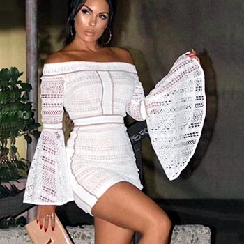 

Top Quality White Slash Neck Flare Sleeve Mini Rayon Bandage Dress Party Bodycon Mini Dress