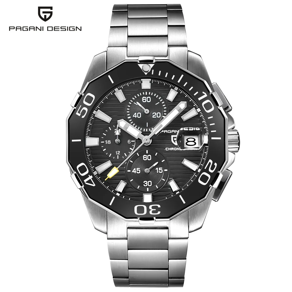 PAGANI Дизайнерские мужские часы Топ бренд класса люкс хронограф Спорт Бизнес водонепроницаемые кварцевые часы Мужские relogio masculino - Цвет: silver steel black