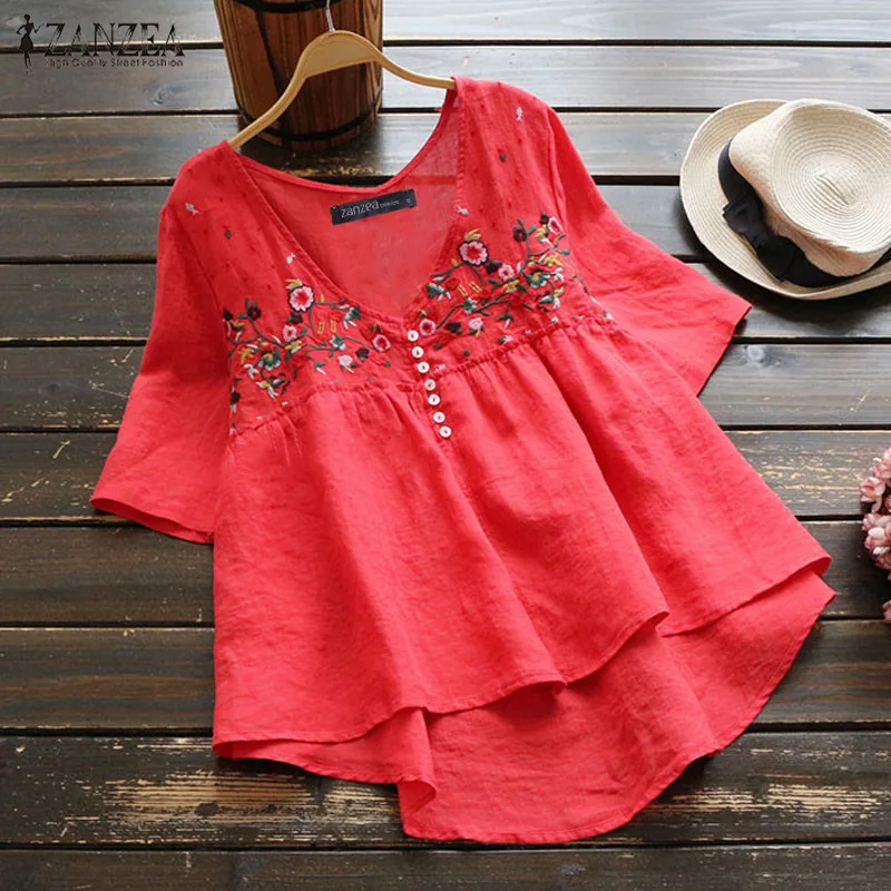 Cena ZANZEA damskie tuniki kobiece Vintage haftowana bluzka guziki, na co dzień asymetryczny brzeg koszule biuro Lady Blusas Plus rozmiar